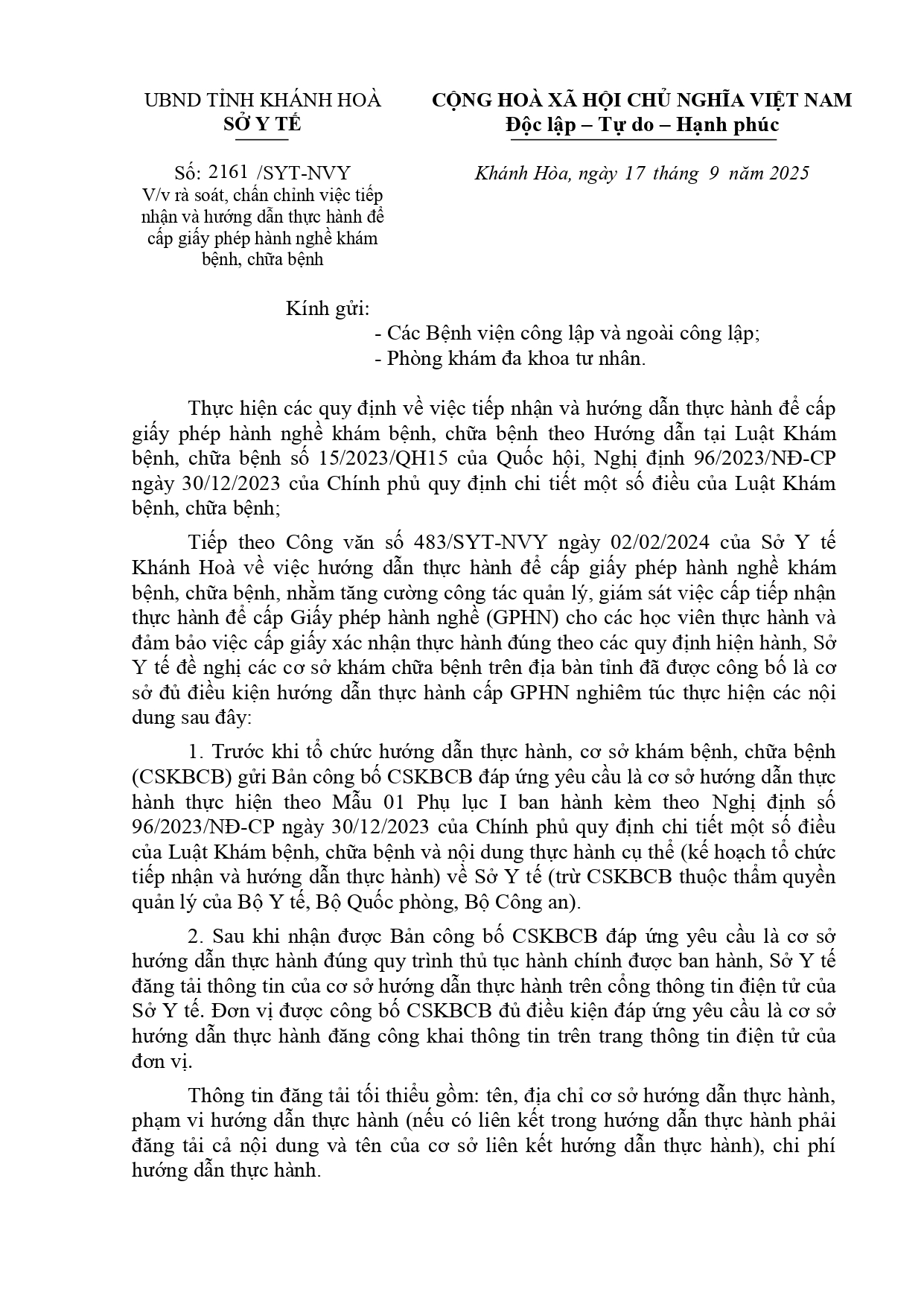 V/v rà soát, chấn chỉnh việc tiếp nhận và hướng dẫn thực hành để cấp giấy phép hành nghề khám bệnh, chữa bệnh
